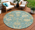 8' Teal Blue Ivory And Green Round Floral Washable Indoor Outdoor Area Rug