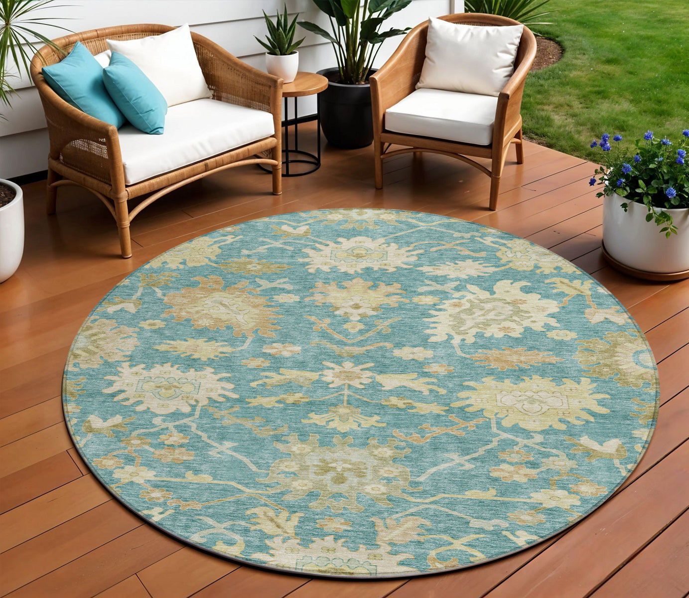 8' Teal Blue Ivory And Green Round Floral Washable Indoor Outdoor Area Rug