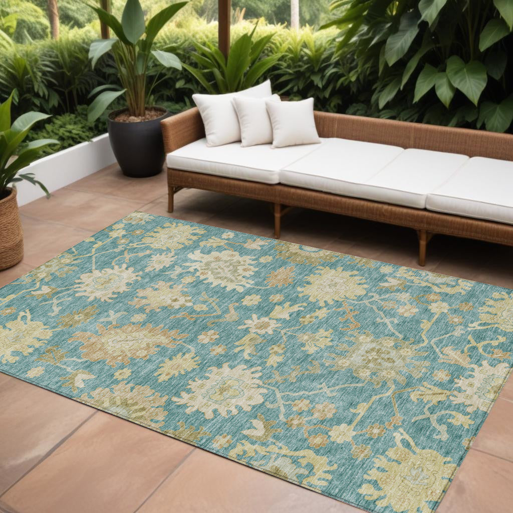9' X 12' Teal Blue Ivory And Green Floral Washable Indoor Outdoor Area Rug