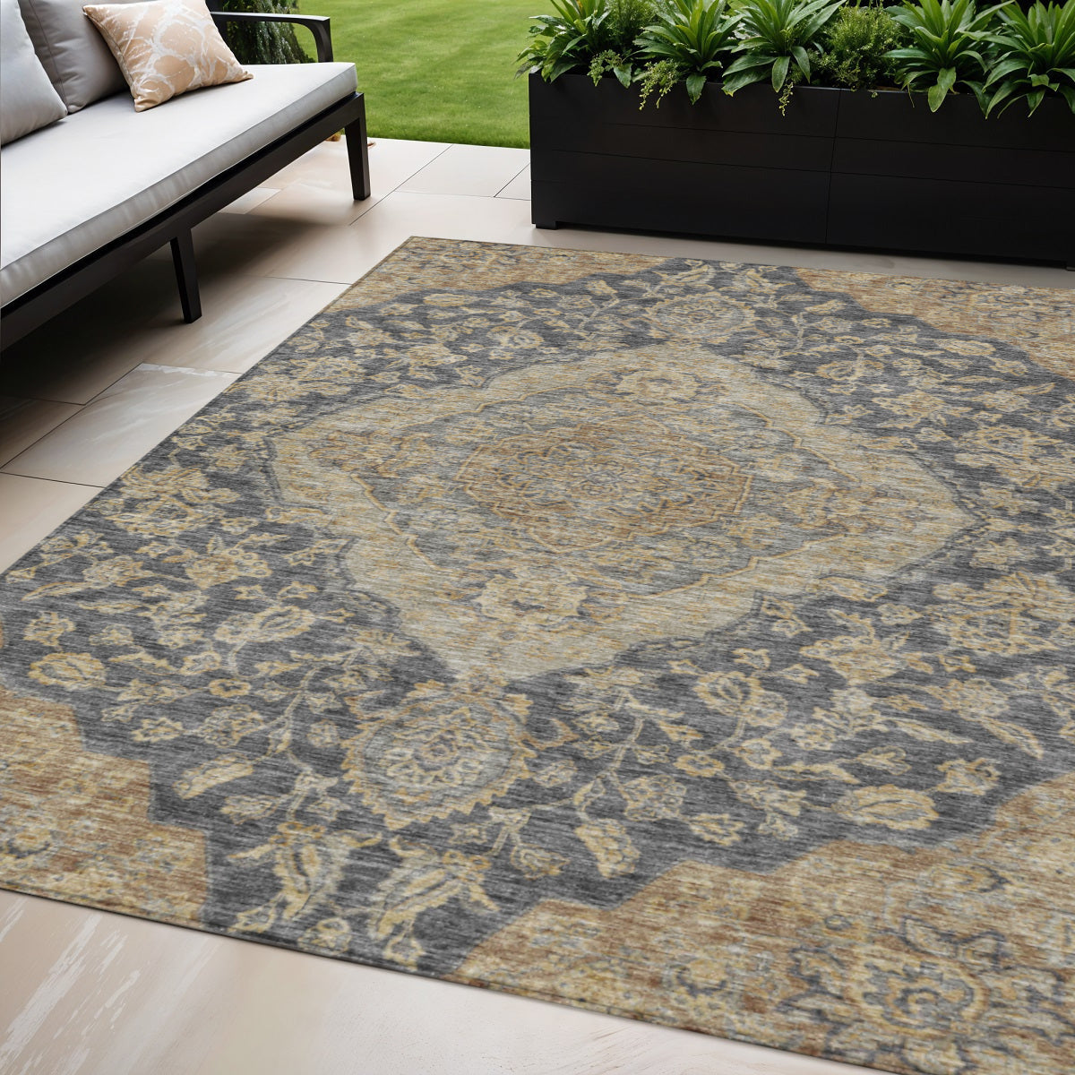 5' X 8' Charcoal Gray And Brown Oriental Washable Indoor Outdoor Area Rug