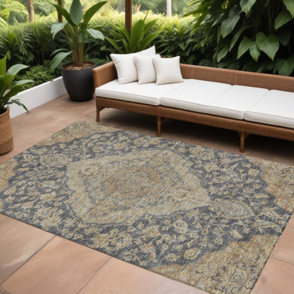 9' X 12' Charcoal Gray And Brown Oriental Washable Indoor Outdoor Area Rug