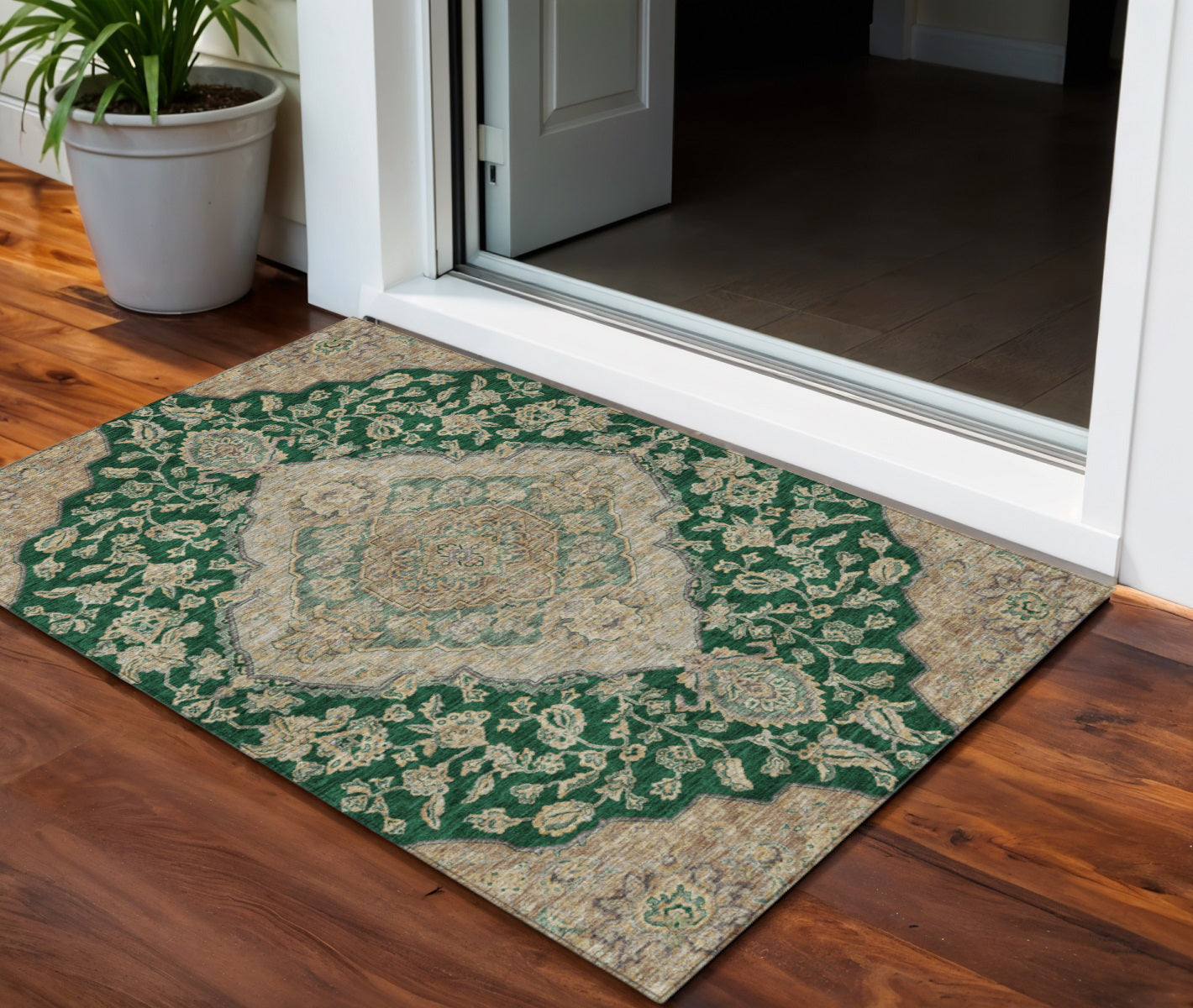 3' X 5' Emerald Beige And Brown Oriental Washable Indoor Outdoor Area Rug