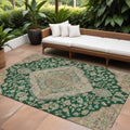 9' X 12' Emerald Beige And Brown Oriental Washable Indoor Outdoor Area Rug