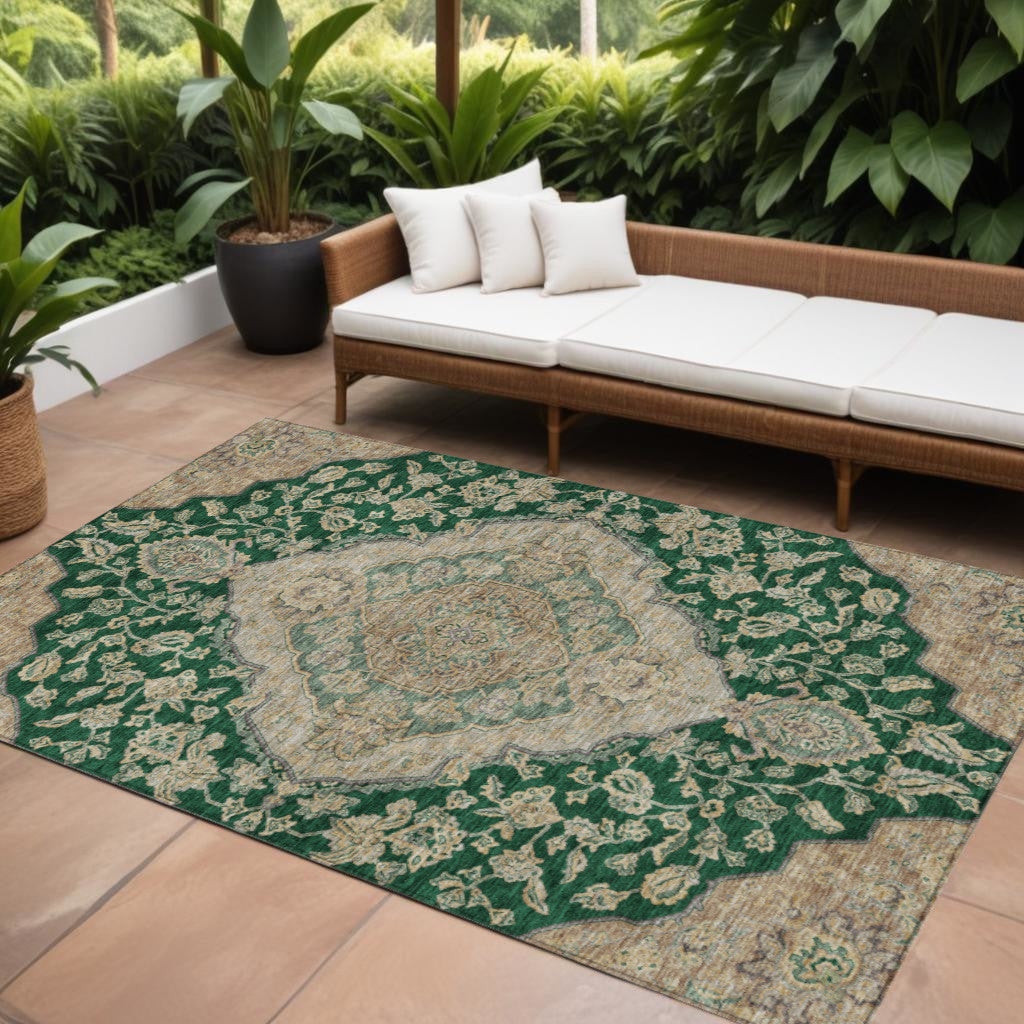 9' X 12' Emerald Beige And Brown Oriental Washable Indoor Outdoor Area Rug
