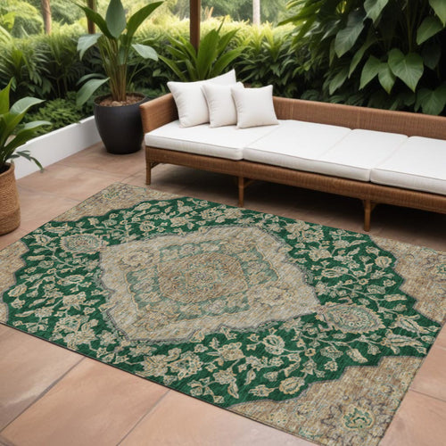 10' X 14' Emerald Beige And Brown Oriental Washable Indoor Outdoor Area Rug