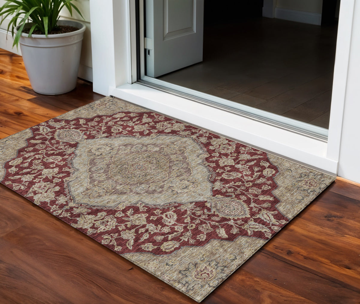 3' X 5' Red Beige And Brown Oriental Washable Indoor Outdoor Area Rug