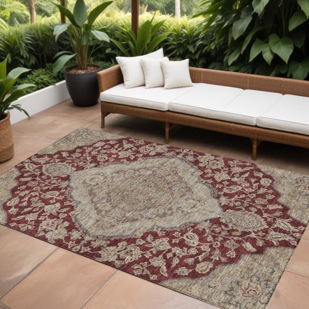 9' X 12' Red Beige And Brown Oriental Washable Indoor Outdoor Area Rug