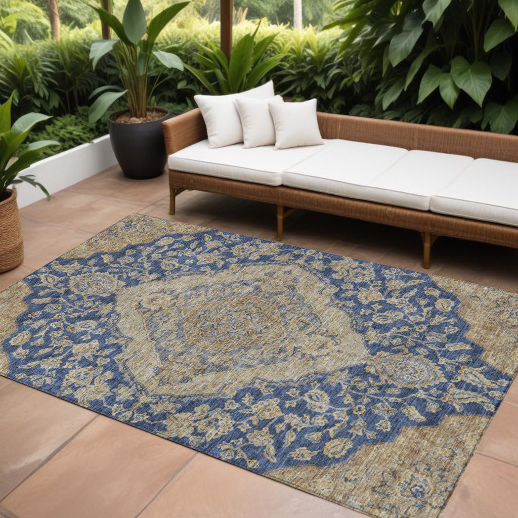 9' X 12' Navy Blue Beige And Brown Oriental Washable Indoor Outdoor Area Rug
