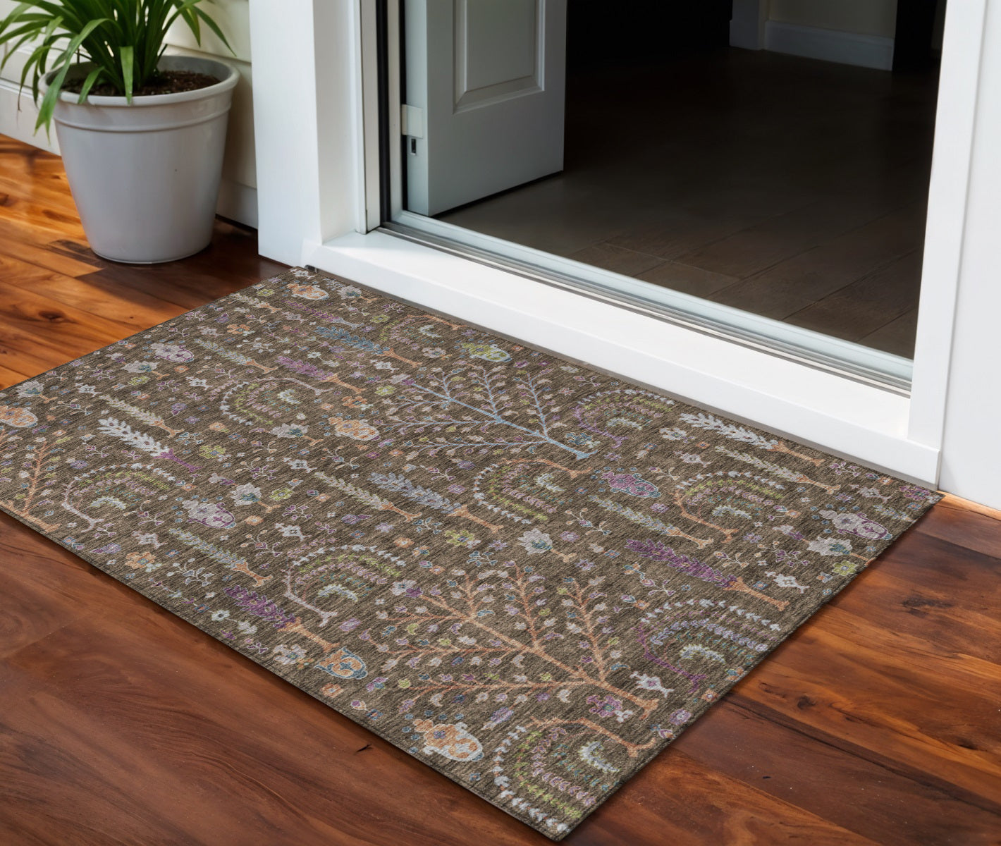3' X 5' Brown Purple And Blue Floral Washable Indoor Outdoor Area Rug