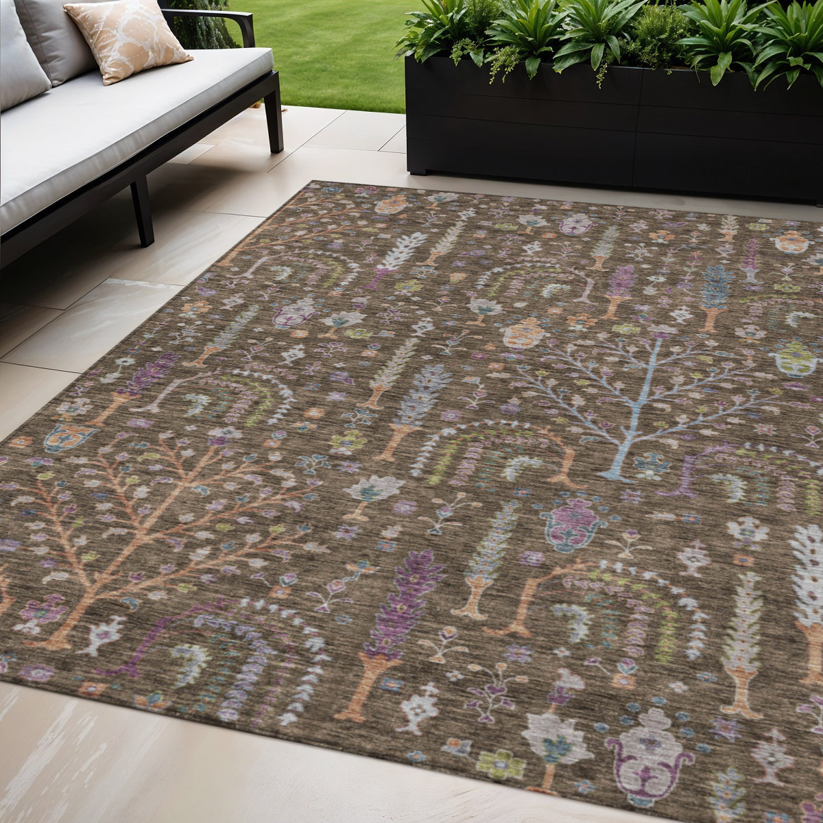 5' X 8' Brown Purple And Blue Floral Washable Indoor Outdoor Area Rug