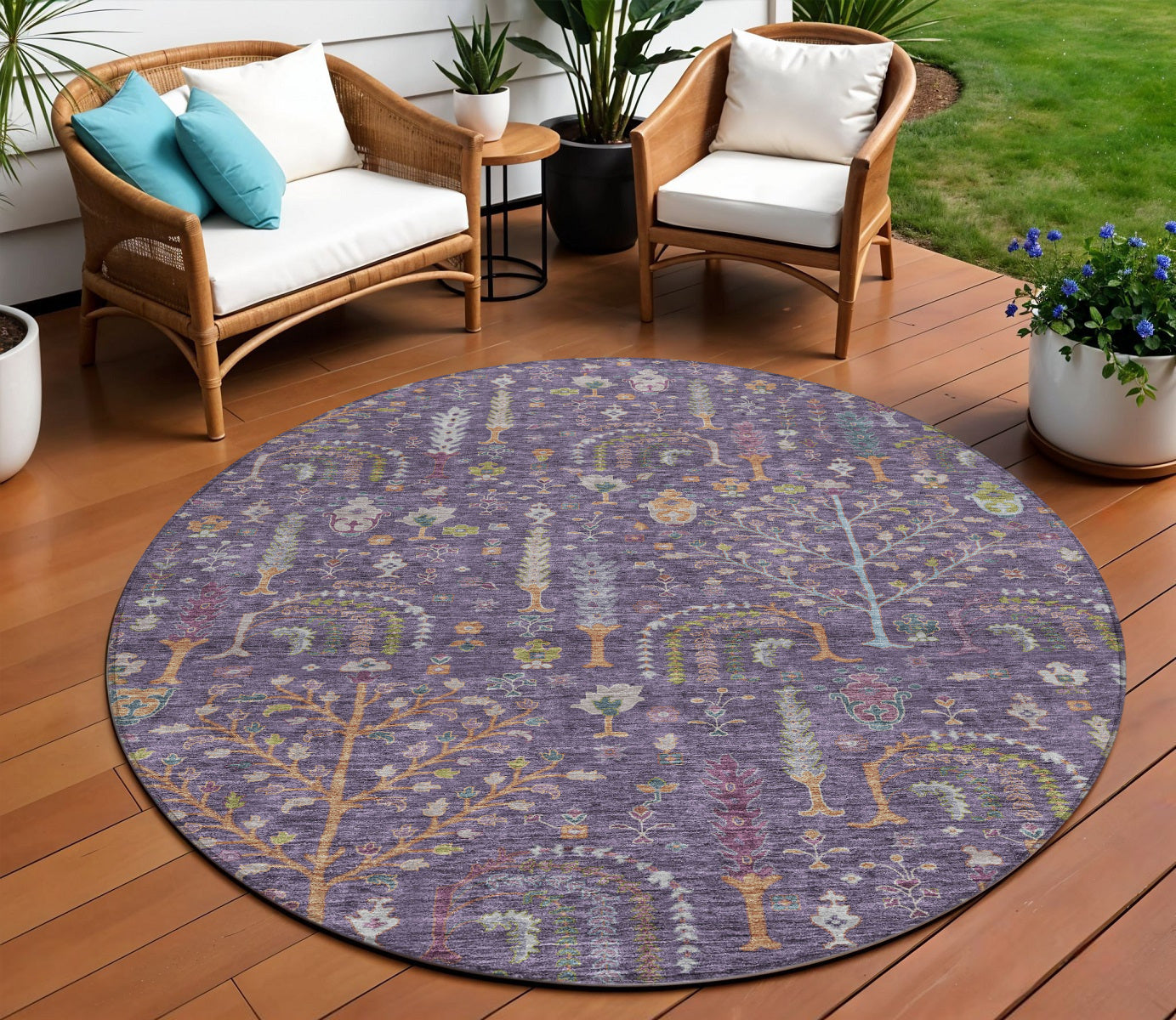8' Eggplant Terra Cotta And Green Round Floral Washable Indoor Outdoor Area Rug