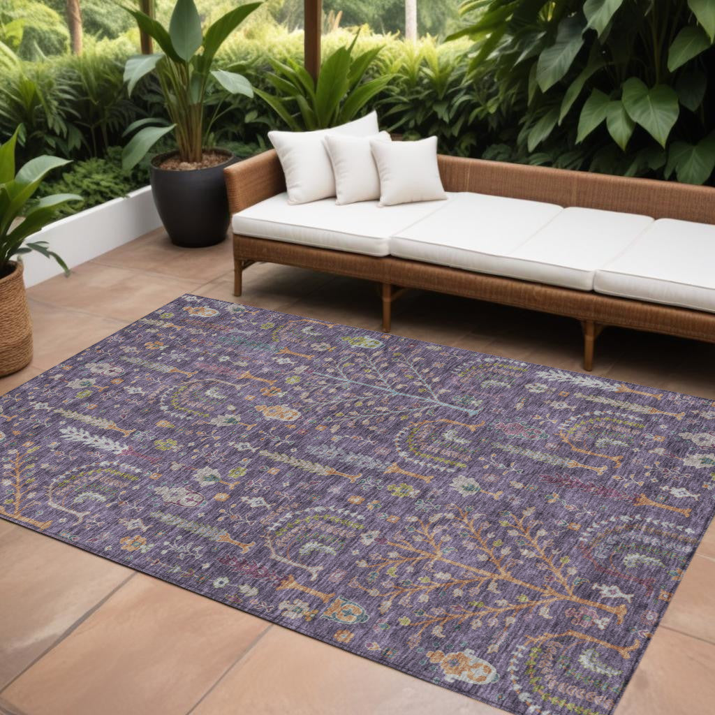 8' X 10' Eggplant Terra Cotta And Green Floral Washable Indoor Outdoor Area Rug