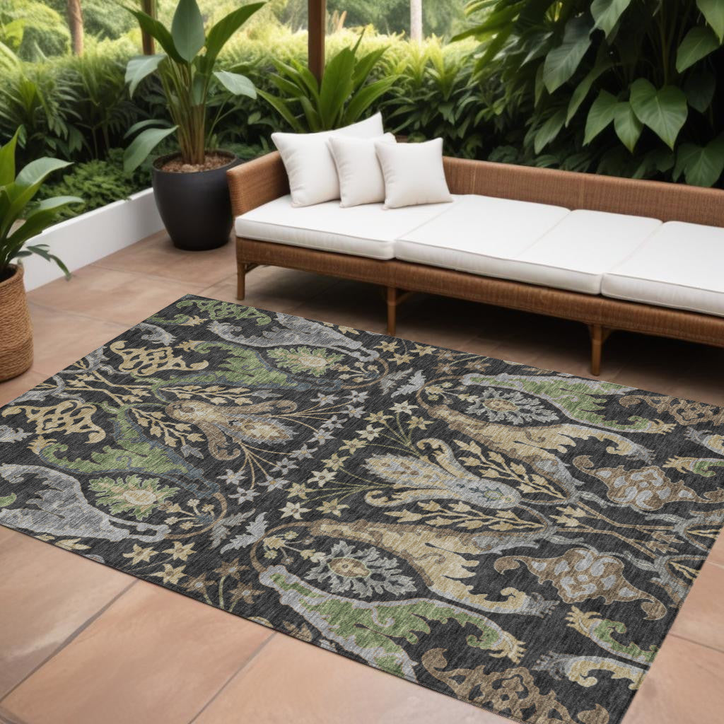 9' X 12' Black Green And Brown Floral Washable Indoor Outdoor Area Rug