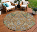 8' Copper Green And Beige Round Floral Washable Indoor Outdoor Area Rug