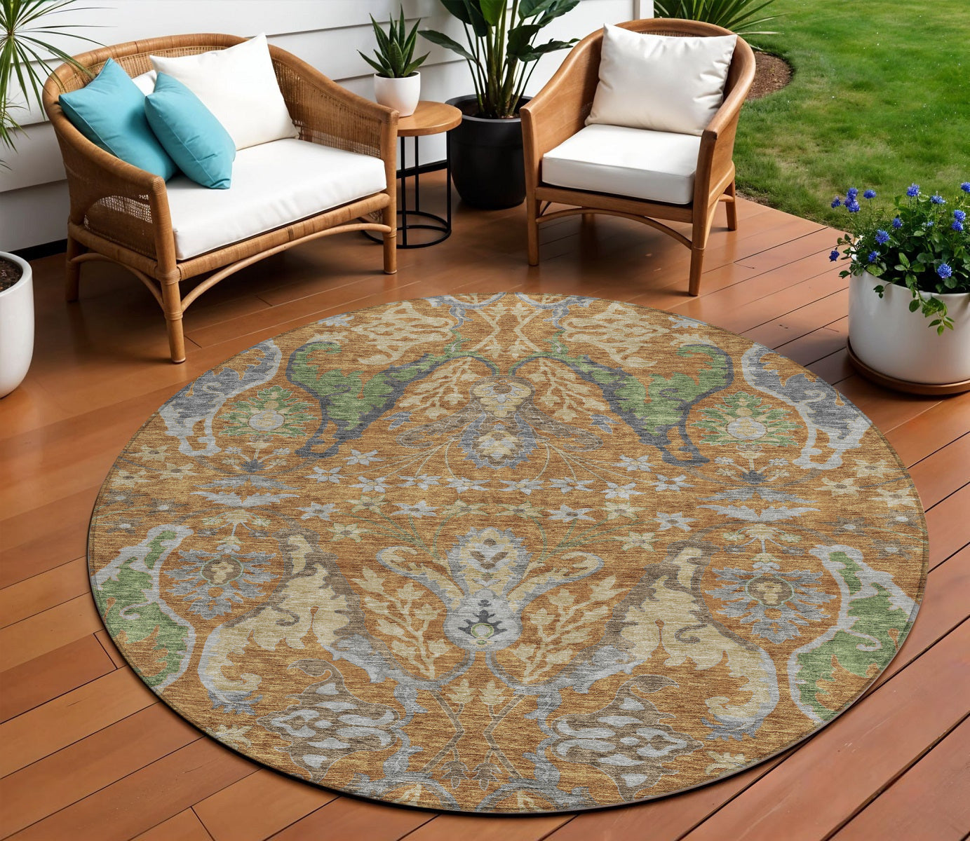 8' Copper Green And Beige Round Floral Washable Indoor Outdoor Area Rug