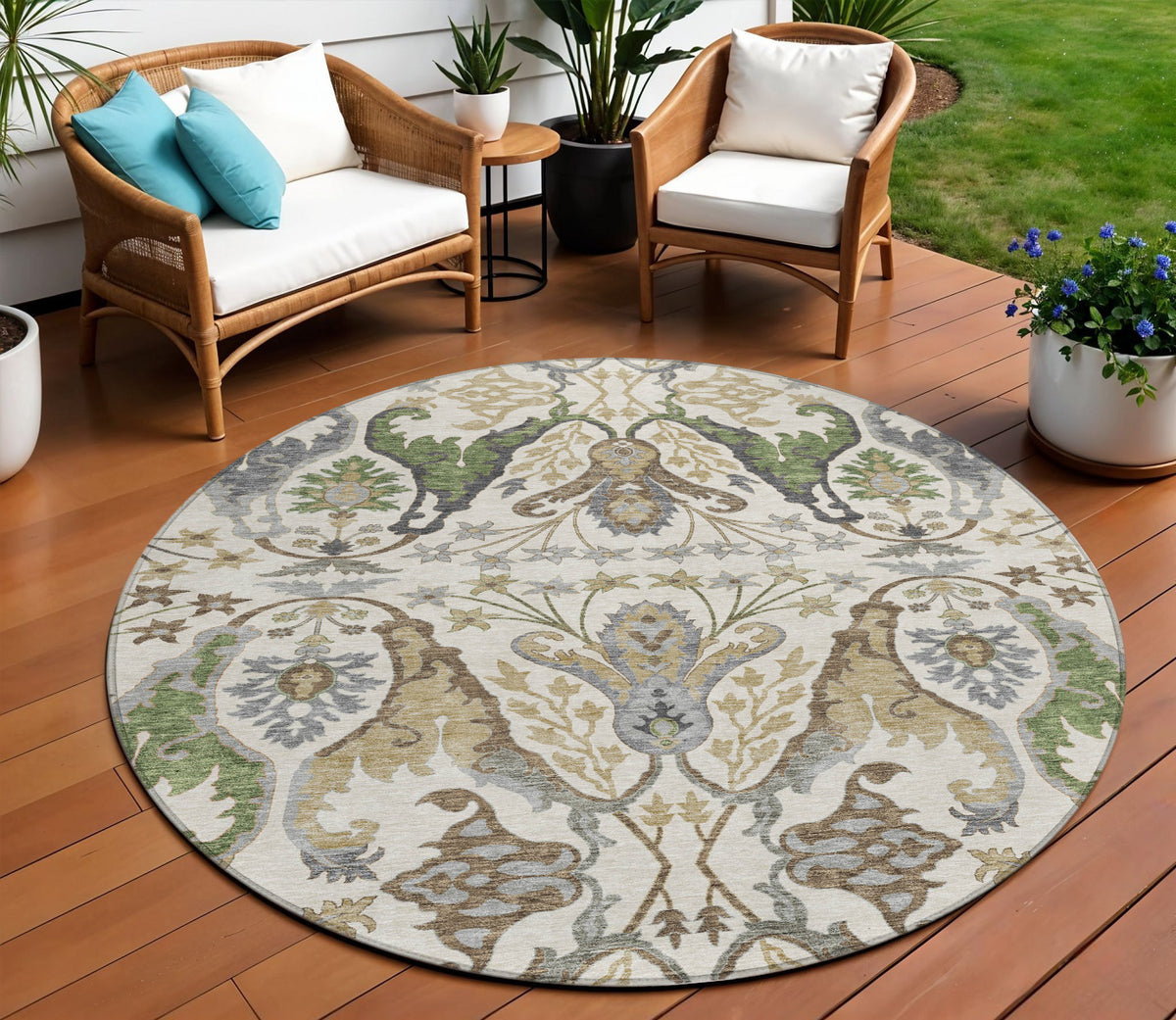 8' Ivory Green And Brown Round Floral Washable Indoor Outdoor Area Rug
