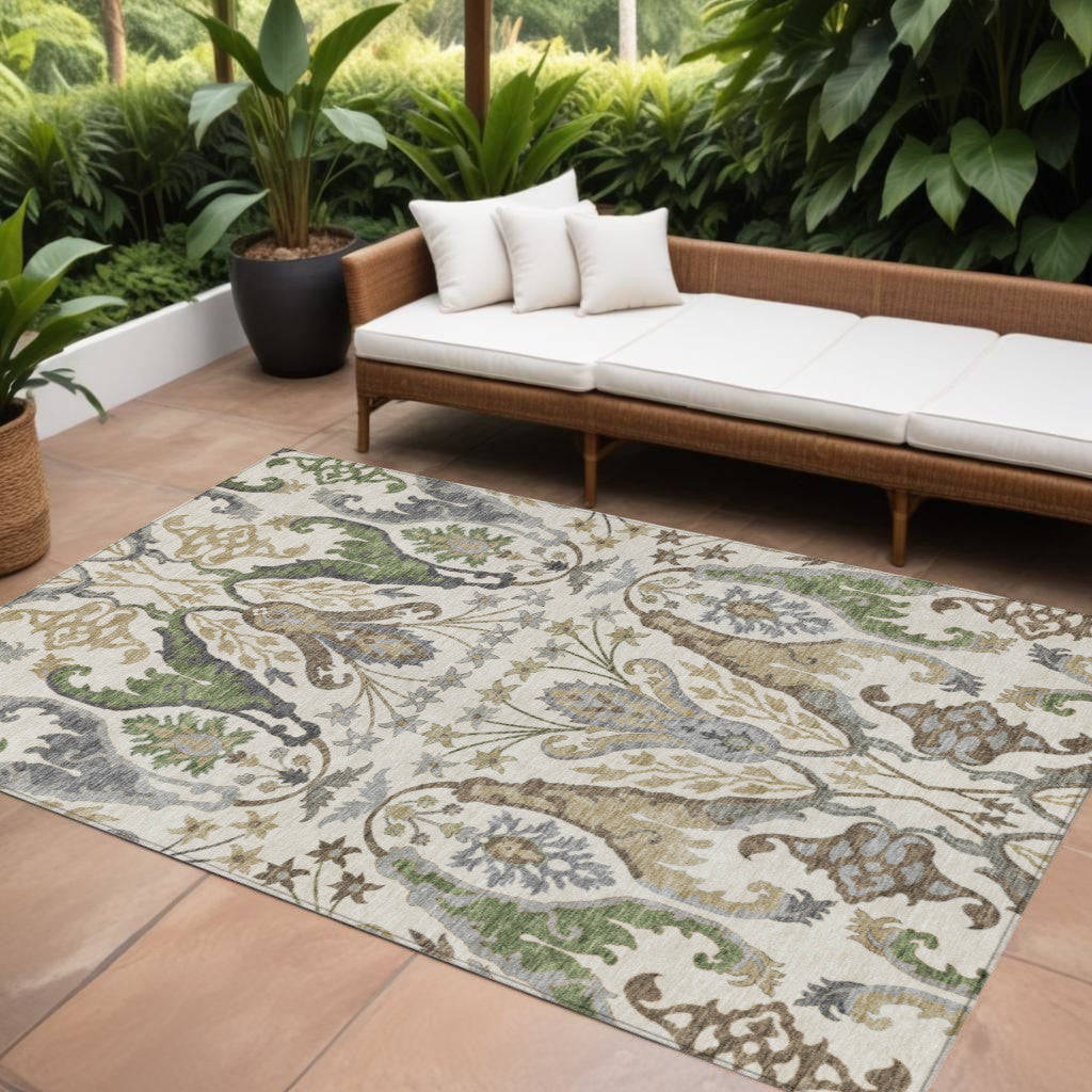 9' X 12' Ivory Green And Brown Floral Washable Indoor Outdoor Area Rug