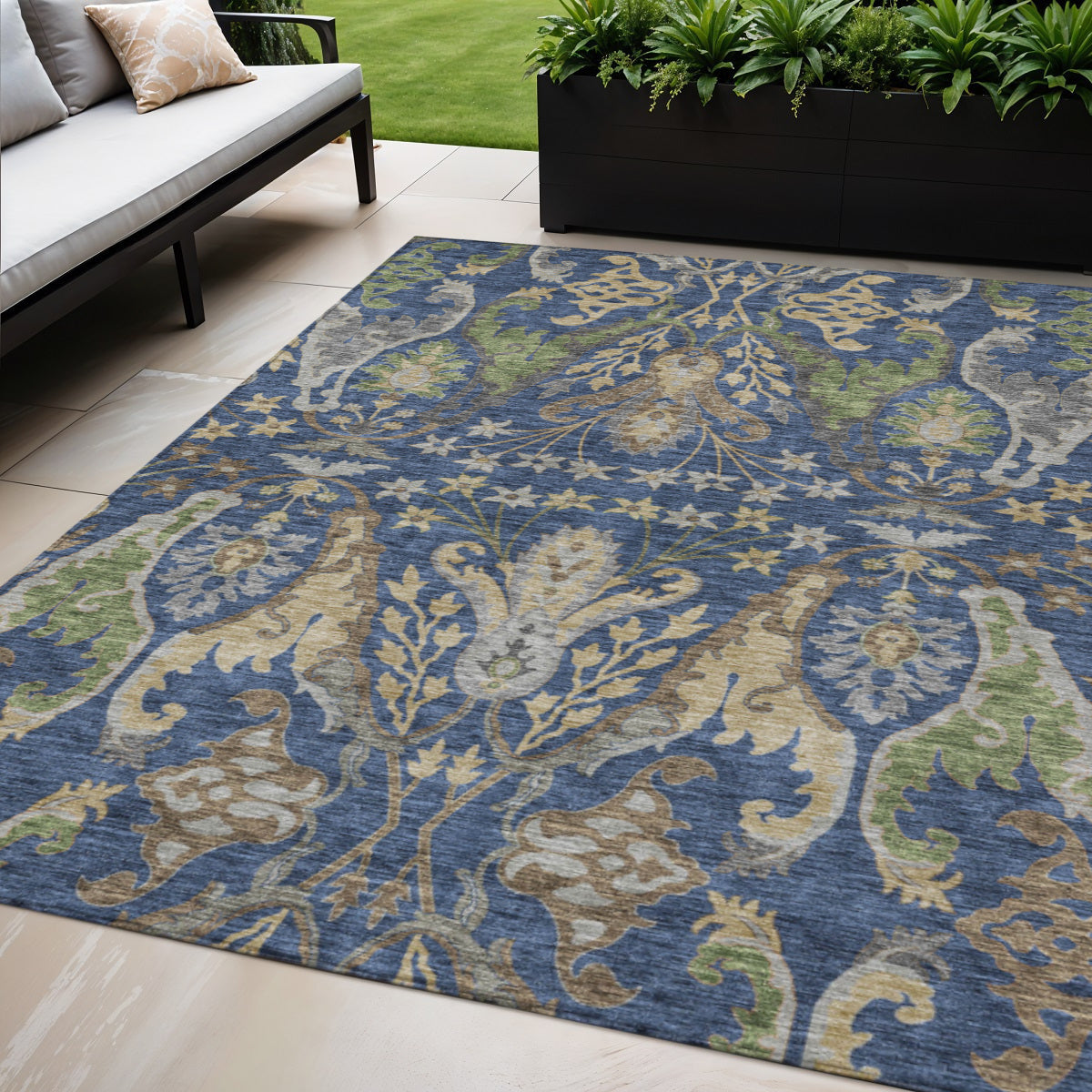 5' X 8' Navy Blue Green And Brown Floral Washable Indoor Outdoor Area Rug