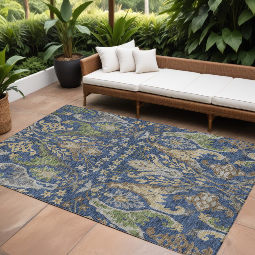 9' X 12' Navy Blue Green And Brown Floral Washable Indoor Outdoor Area Rug