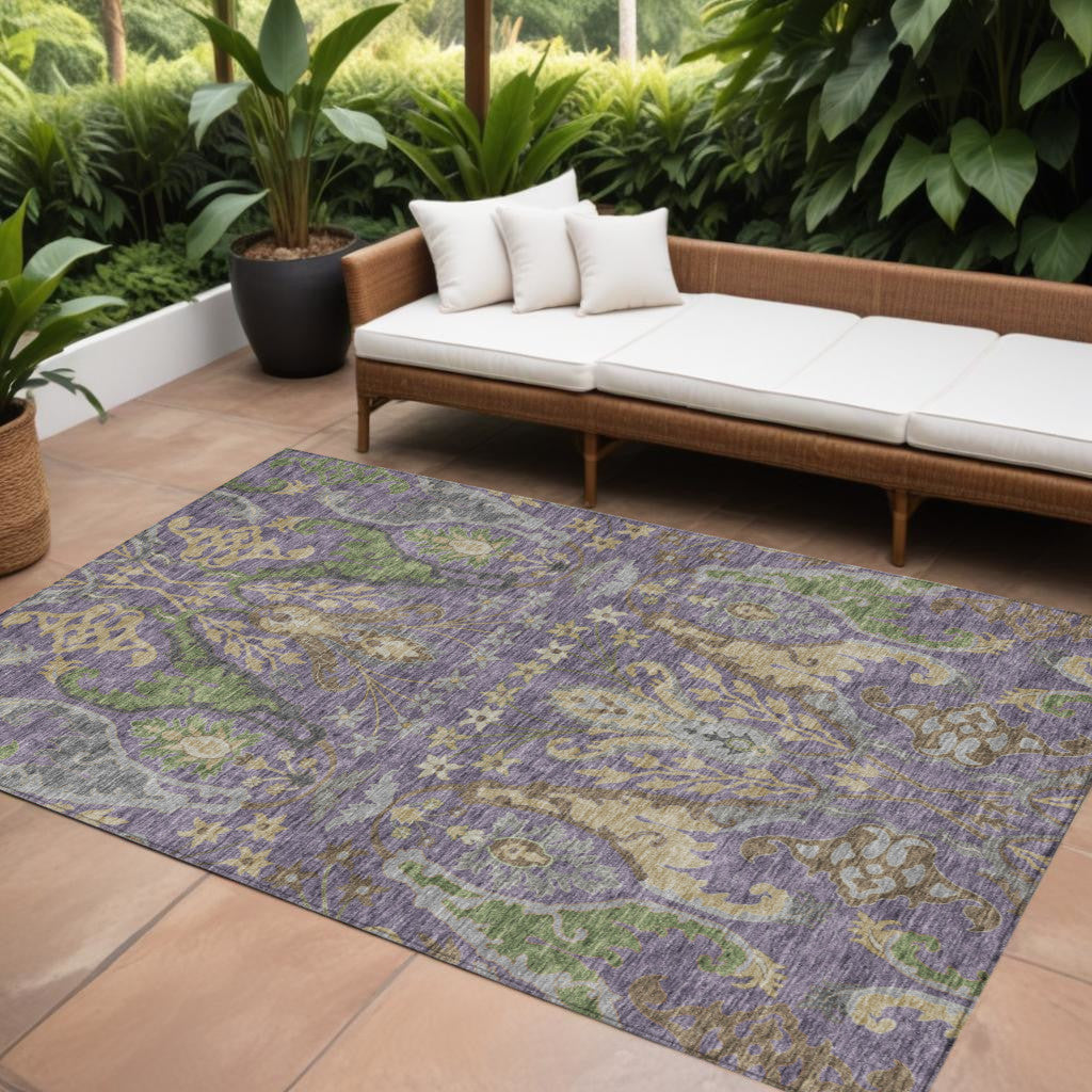 9' X 12' Purple Green And Brown Floral Washable Indoor Outdoor Area Rug