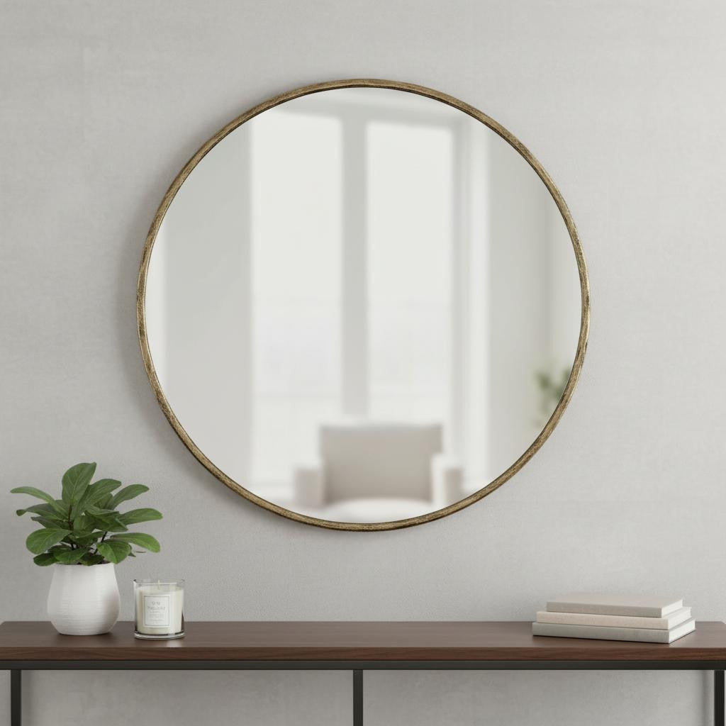 36 Antiqued Brass Iron Round Framed Accent Mirror