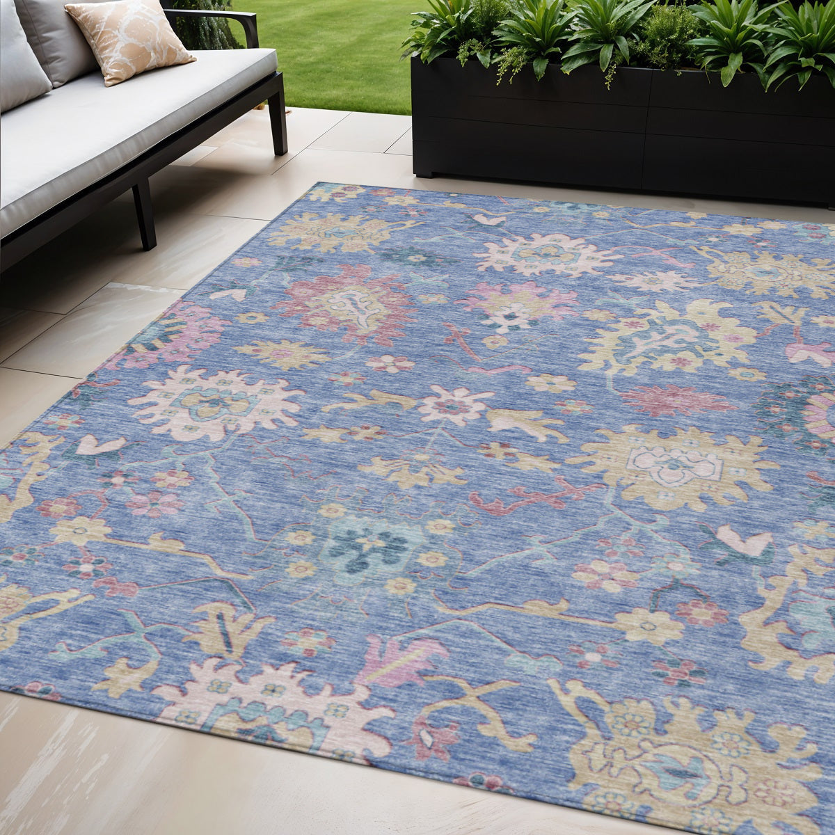 5' X 8' Blue Pink And Ivory Floral Washable Indoor Outdoor Area Rug