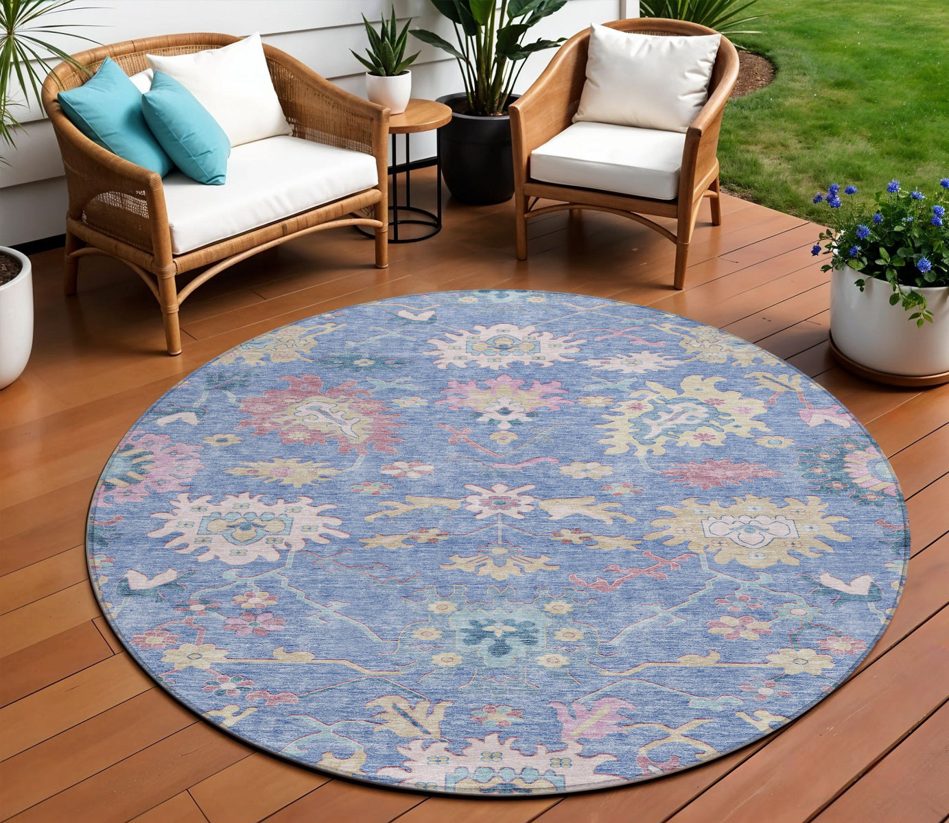 8' Blue Pink And Ivory Round Floral Washable Indoor Outdoor Area Rug
