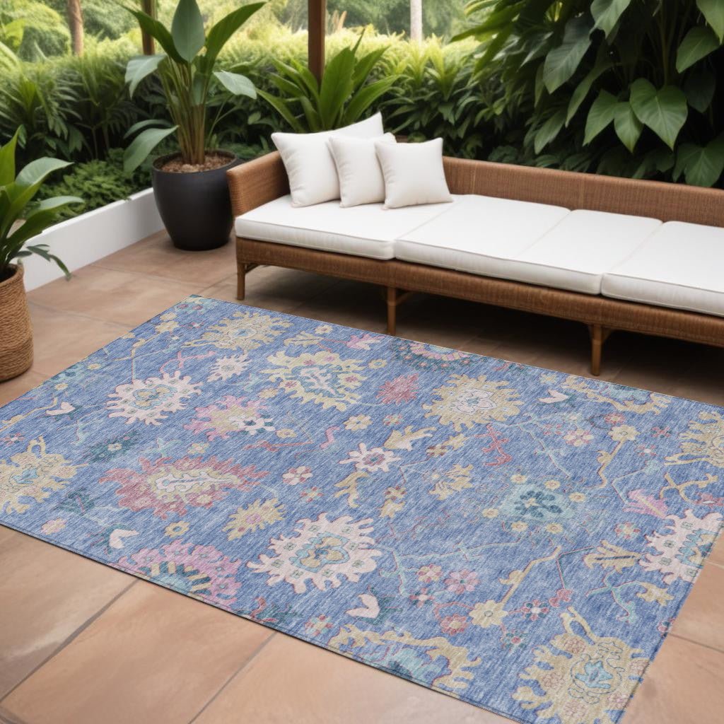 10' X 14' Blue Pink And Ivory Floral Washable Indoor Outdoor Area Rug