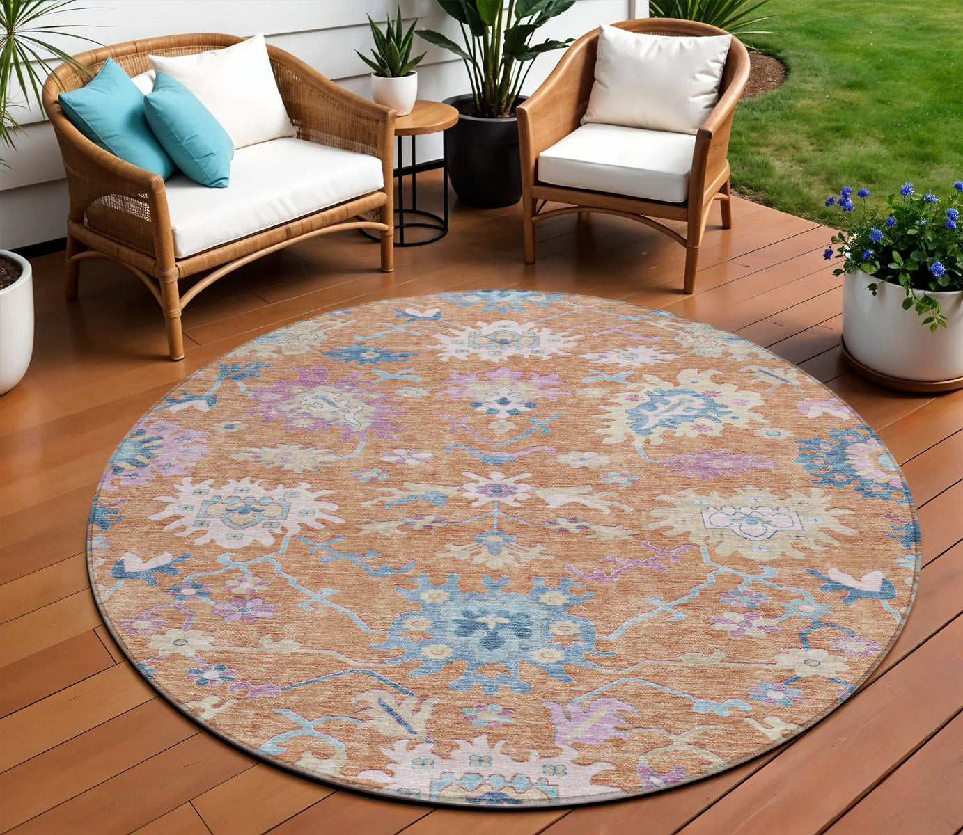 8' Orange Pink And Denim Blue Round Floral Washable Indoor Outdoor Area Rug