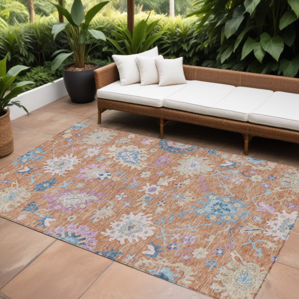 9' X 12' Orange Pink And Denim Blue Floral Washable Indoor Outdoor Area Rug