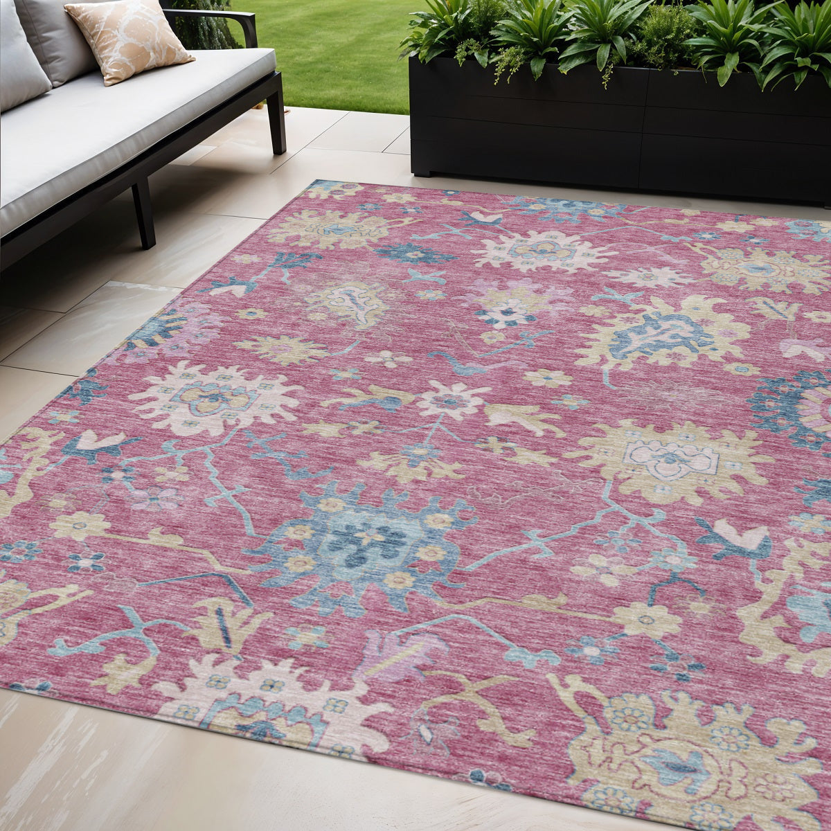 5' X 8' Pink Ivory And Denim Blue Floral Washable Indoor Outdoor Area Rug