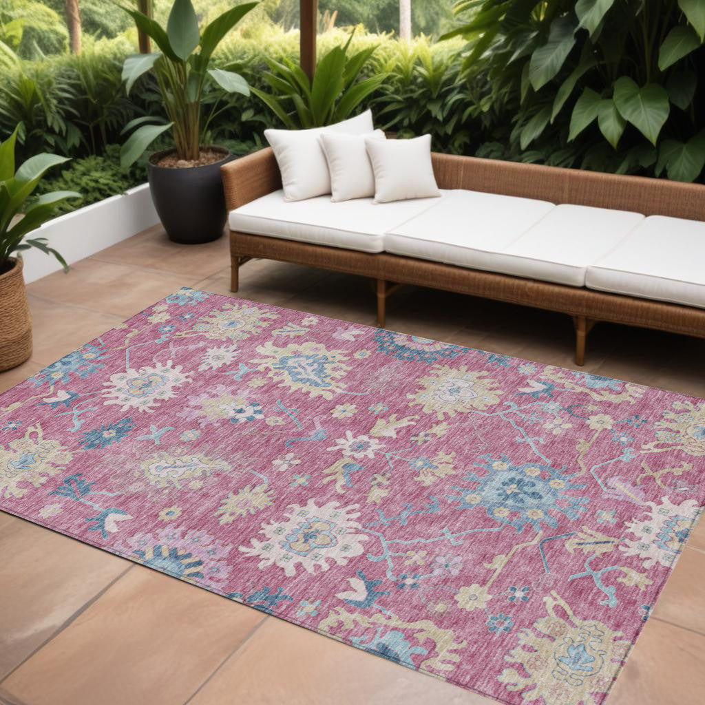 9' X 12' Pink Ivory And Denim Blue Floral Washable Indoor Outdoor Area Rug