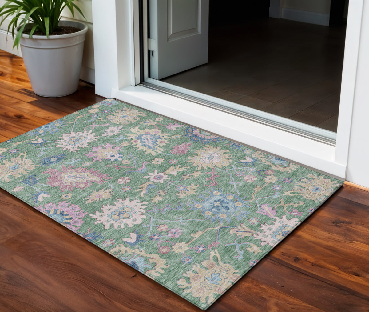 3' X 5' Sage Ivory And Pink Floral Washable Indoor Outdoor Area Rug
