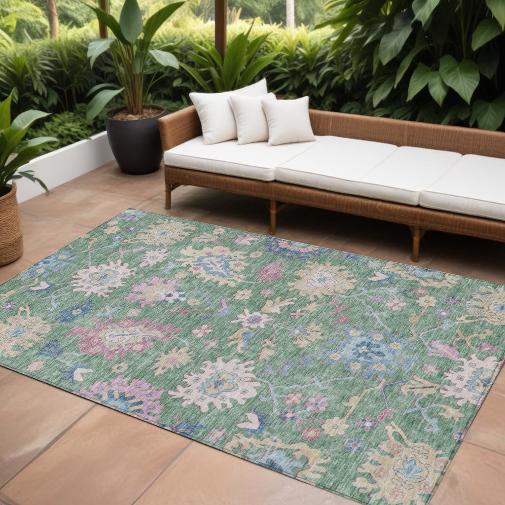 9' X 12' Sage Ivory And Pink Floral Washable Indoor Outdoor Area Rug