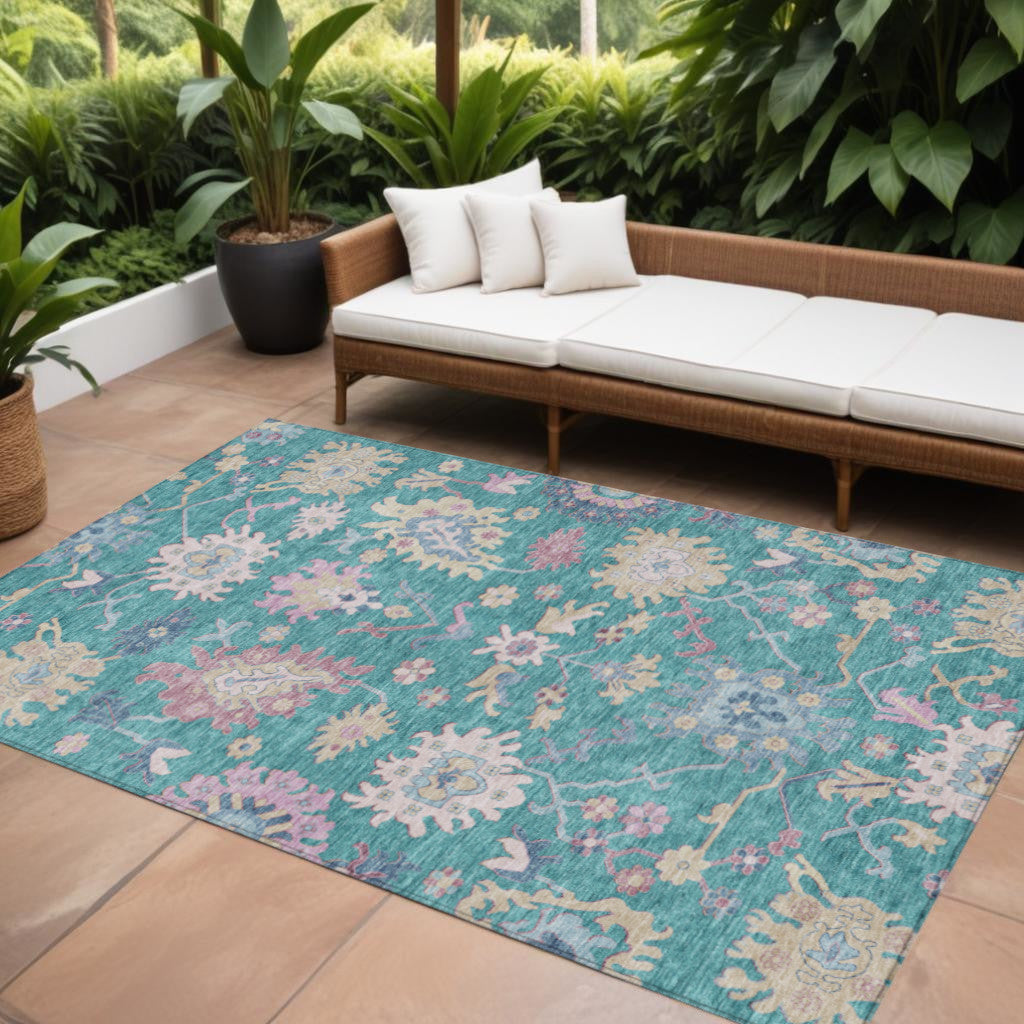9' X 12' Teal Blue Pink And Ivory Floral Washable Indoor Outdoor Area Rug