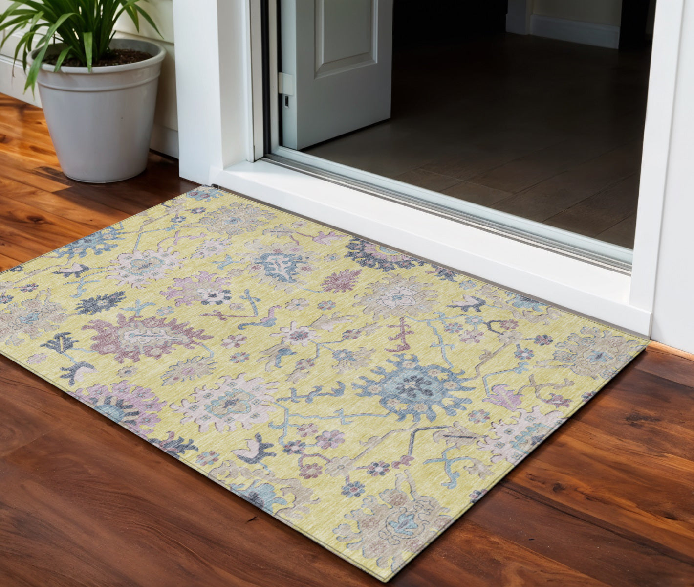 3' X 5' Yellow Lavender And Denim Blue Floral Washable Indoor Outdoor Area Rug