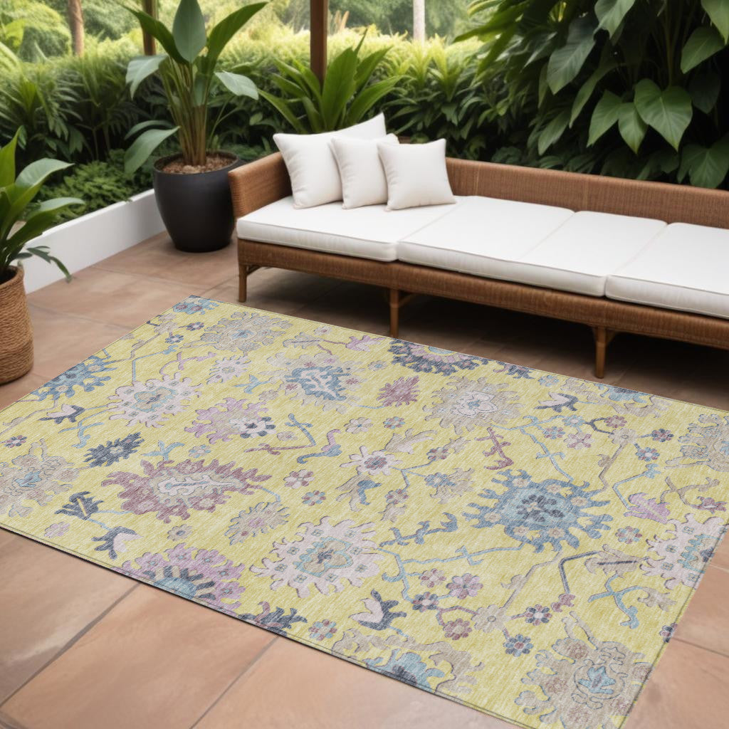 8' X 10' Yellow Lavender And Denim Blue Floral Washable Indoor Outdoor Area Rug