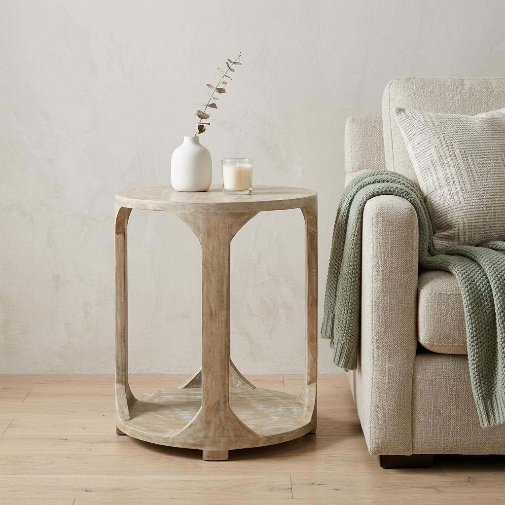 24 Natural Distressed Solid Wood Round Frame End Table With Shelf