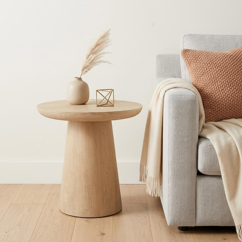 24 Inch Natural Solid Wood Round Pedestal End Table