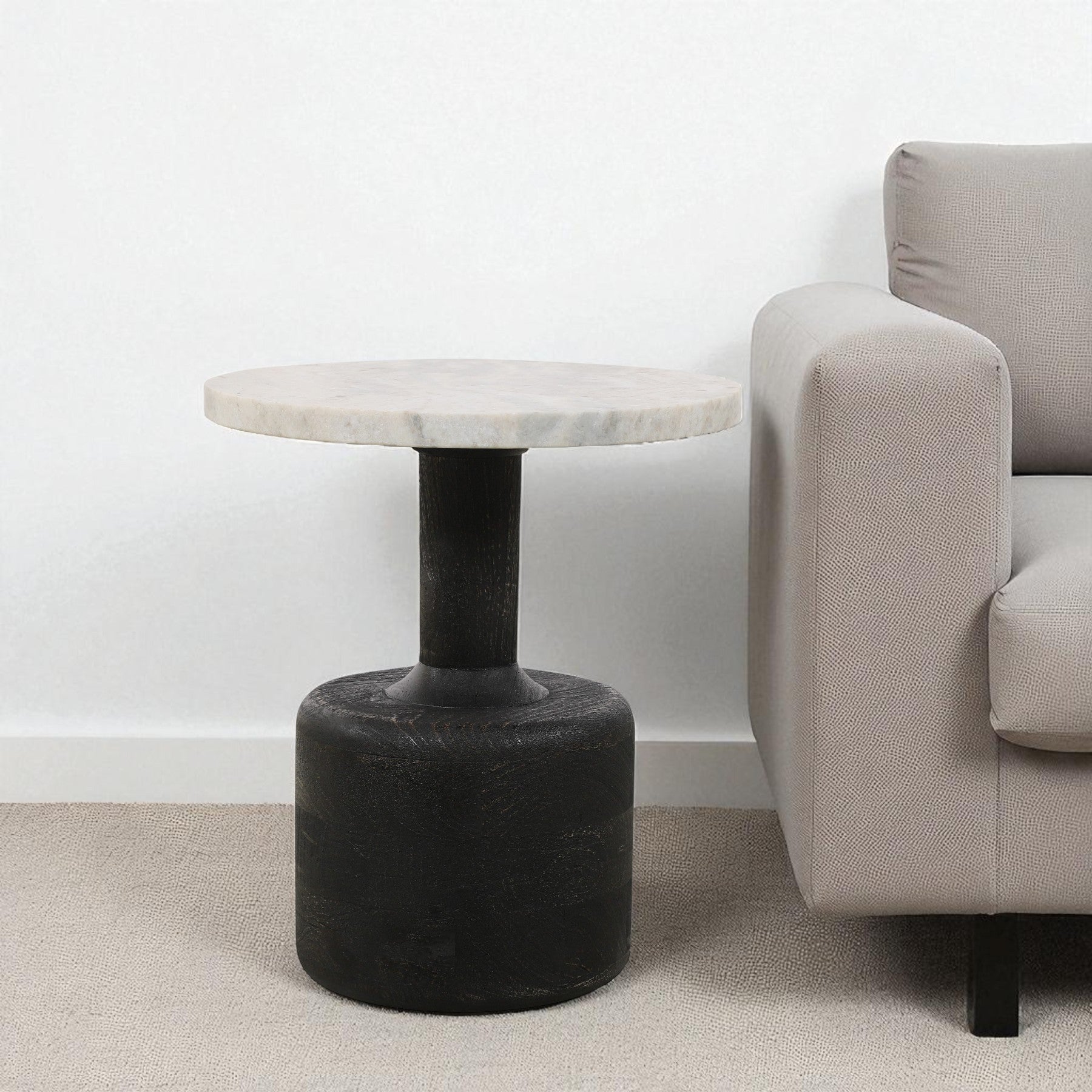 21 White and Black Distressed Marble and Solid Wood Round Pedestal End Table