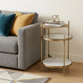 24 Inch Brass Clear And White Iron Glass And Marble Round End Table With Two Shelves