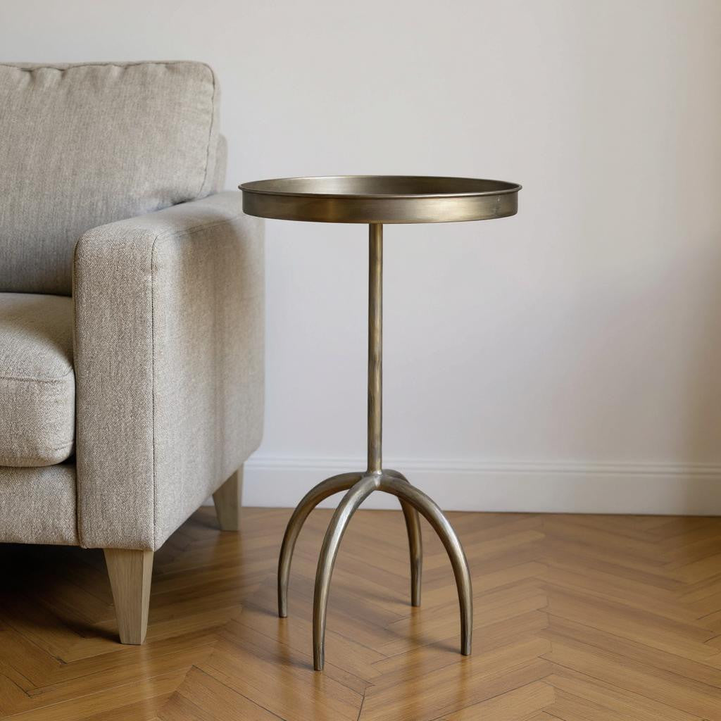 23 Brass Distressed Iron Round Pedestal Tray Top End Table