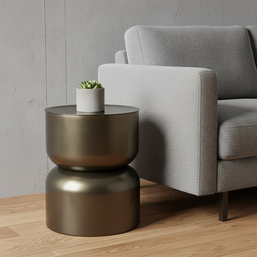 20 Antiqued Gold Iron Round Cinched Drum End Table