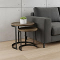 Set of Two Brown and Black Solid Wood and Iron Round Nested Tables