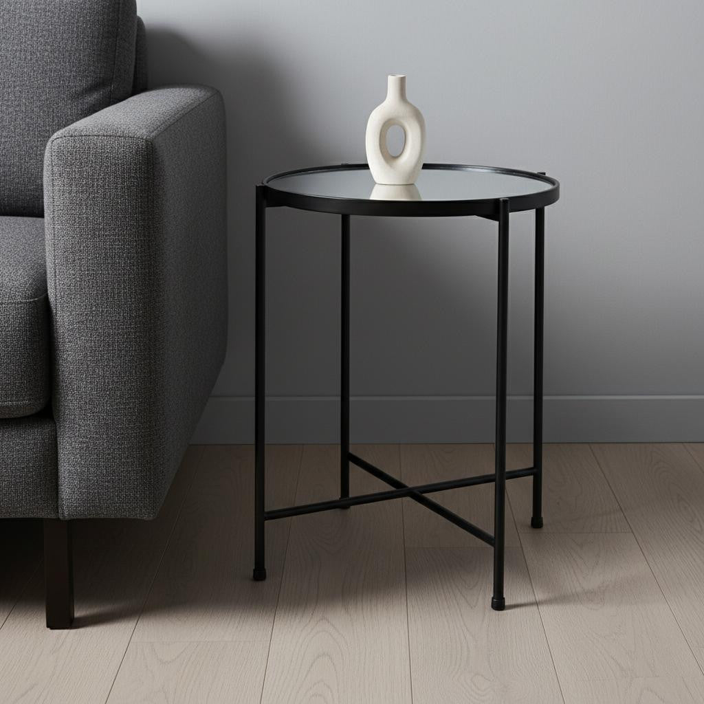 24 Silver and Black Mirrored Glass and Iron Round End Table