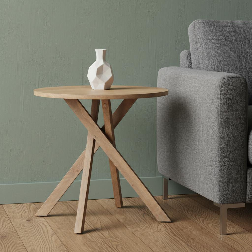 30 Natural Distressed Solid Wood Round Cross Legs End Table