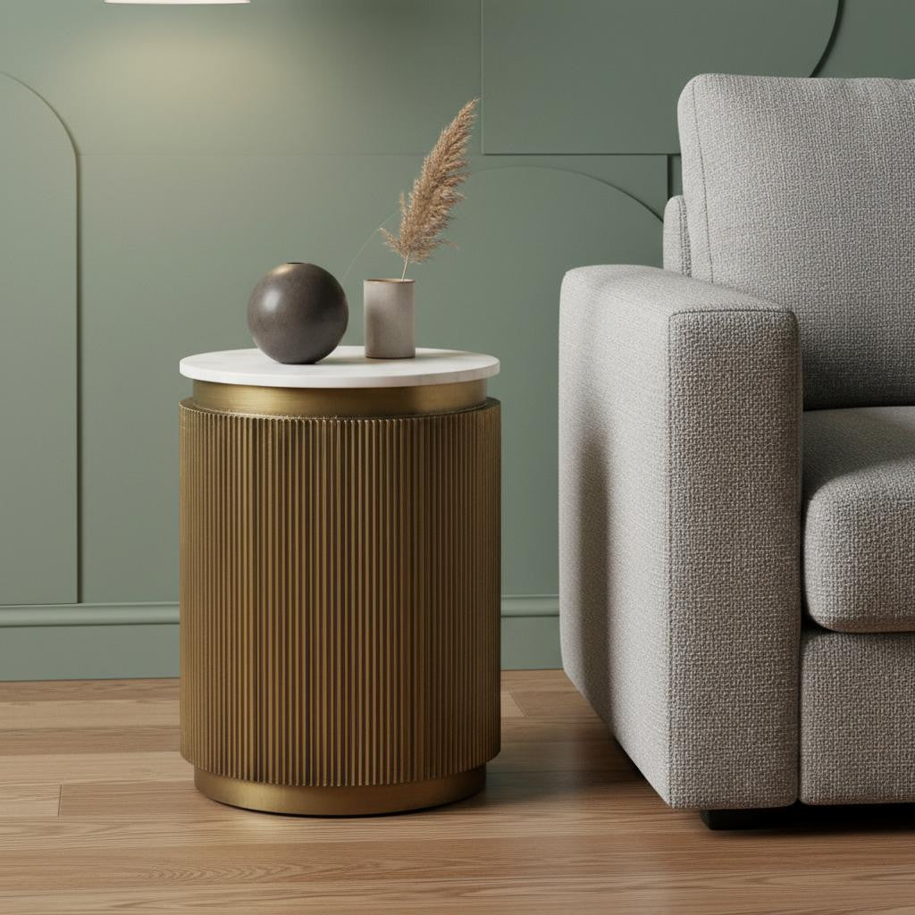 22 White and Gold Stone and Brass Round Block End Table