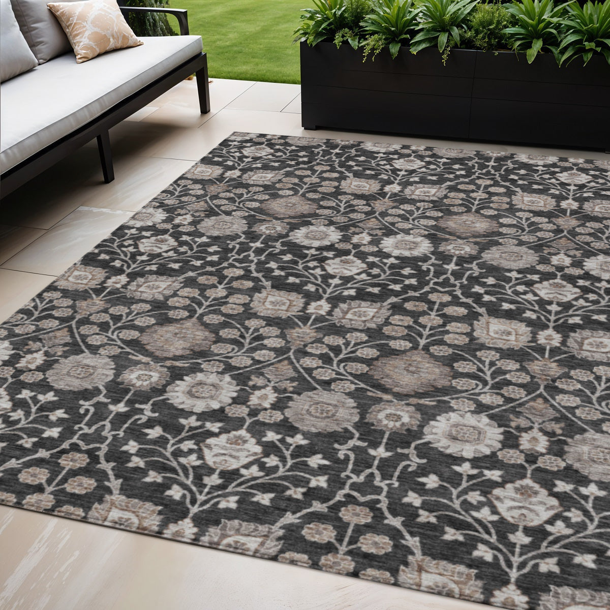 5' X 8' Black Brown And Beige Floral Washable Indoor Outdoor Area Rug