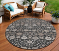 8' Black Brown And Beige Round Floral Washable Indoor Outdoor Area Rug