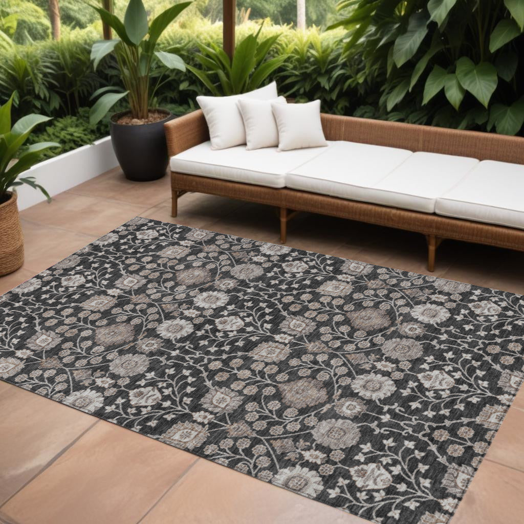 10' X 14' Black Brown And Beige Floral Washable Indoor Outdoor Area Rug
